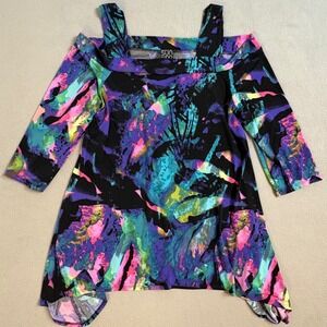 Clara Sun Woo Abstract Print Cold Shoulder Tunic Top Women's Size M Stretch